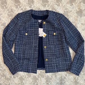 Lands' End Navy Tweed Blazer with Gold Buttons